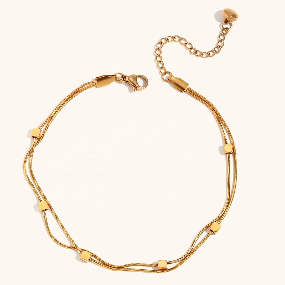Dingran Hot Sale Double Layer Beaded Anklets Gold Plated Stainless Steel Snake Leg Chain Anklets