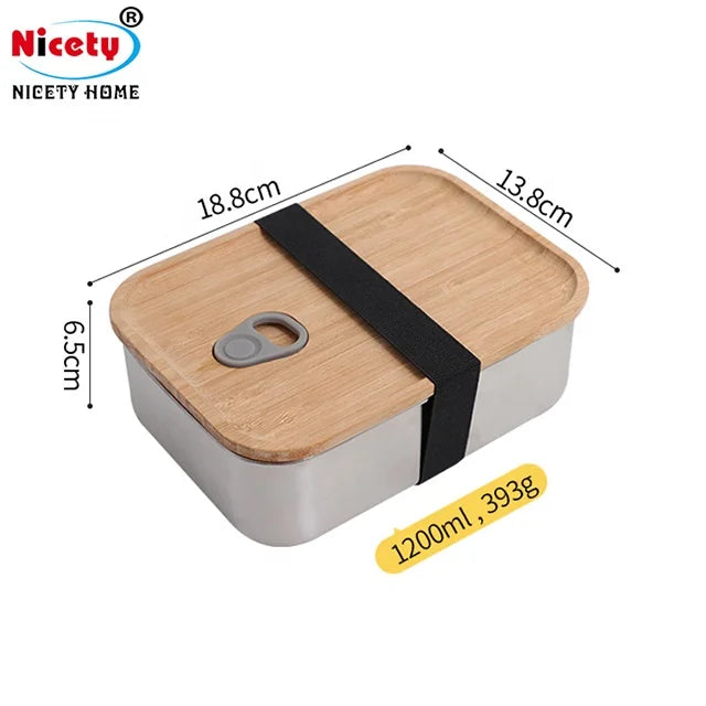 Nicety Stainless Steel Sealproof Lunch Box square Wooden Cover Food Storage Box SUS304 Lunch Box for Adult