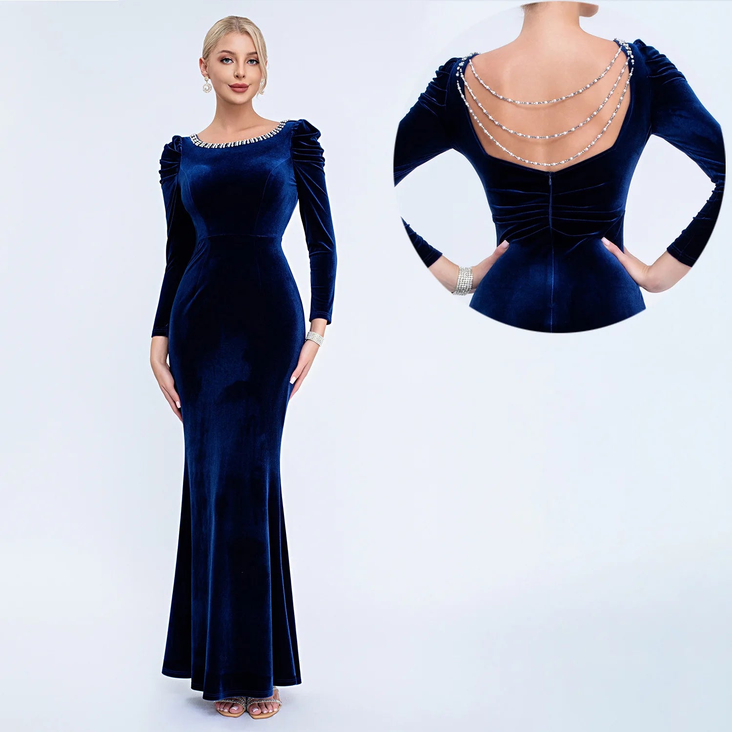 Elegant Full Sleeves Woman Backless Party Dress Back Beading Velvet Evening Dresses