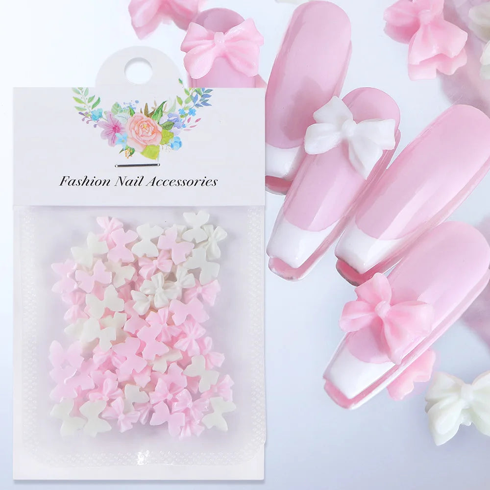 3D Cute Pink Bowknot Nail Jewelry AB Flatback Nail Charms White Resin Bow Nail Art Decoration