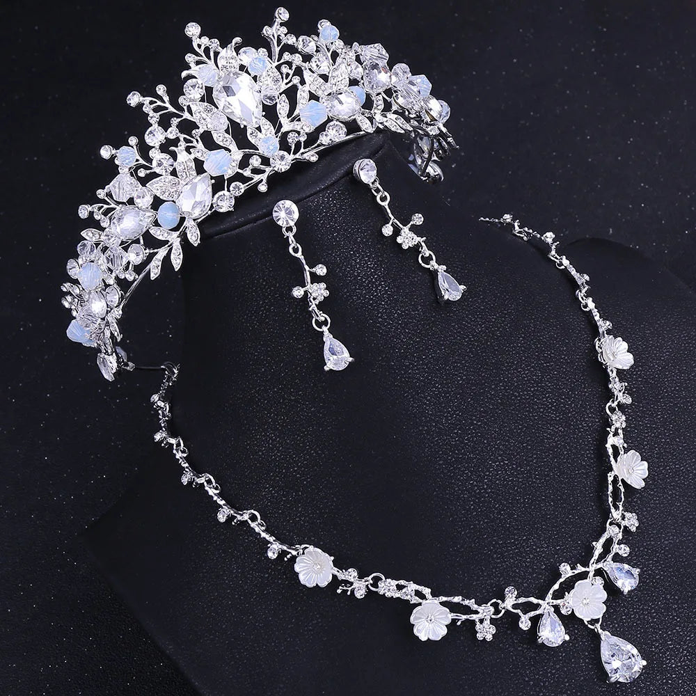 Korean Boxed 3D Flowers Beaded Bridal Crown Necklace Earring Headdress Set Girl White Zircon Alloy Hair Accessories