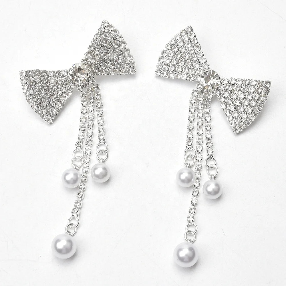 Cute Silver Plated Welding Glass Rhinestone Bow Brooches Crystal Pearl Tassel Lapel Pin Women Jewelry Birthday Gifts