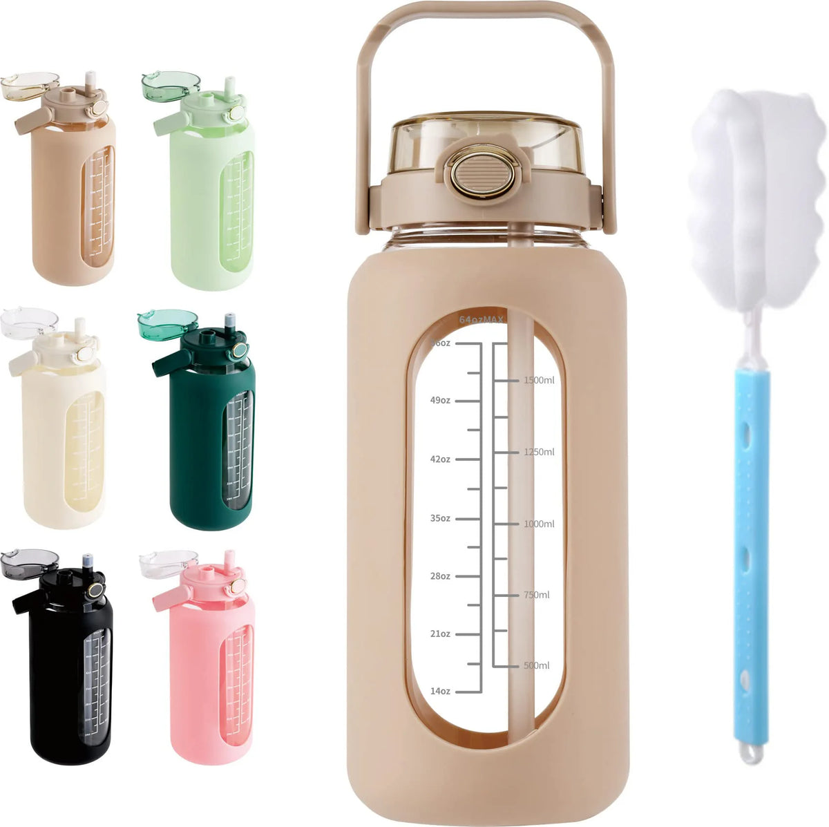 64oz Borosilicate Glass Sport Gym Motivational Bpa Free Drink Water Bottle With Time Marker Flip Top Silicone Cover