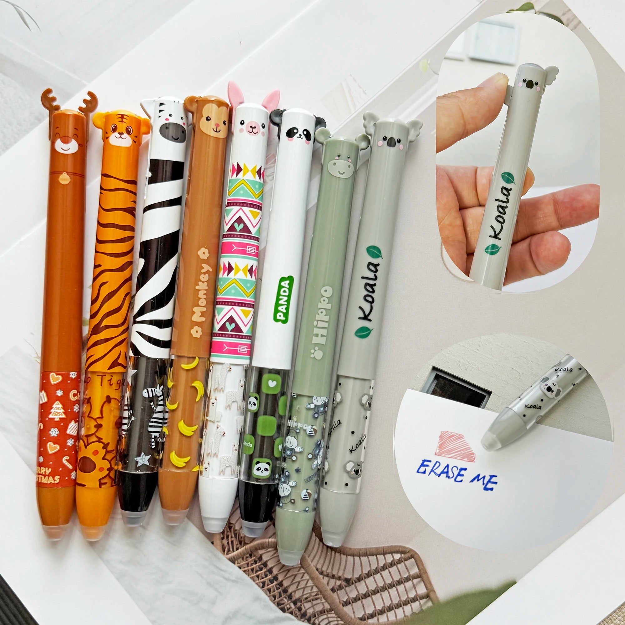 Erasable Gel Ink Pens 8 PackCute Cartoon Animal Stationary 2 in 1 Ink Colors Blue Ink &Red Ink Gel Pen for Kids Adults