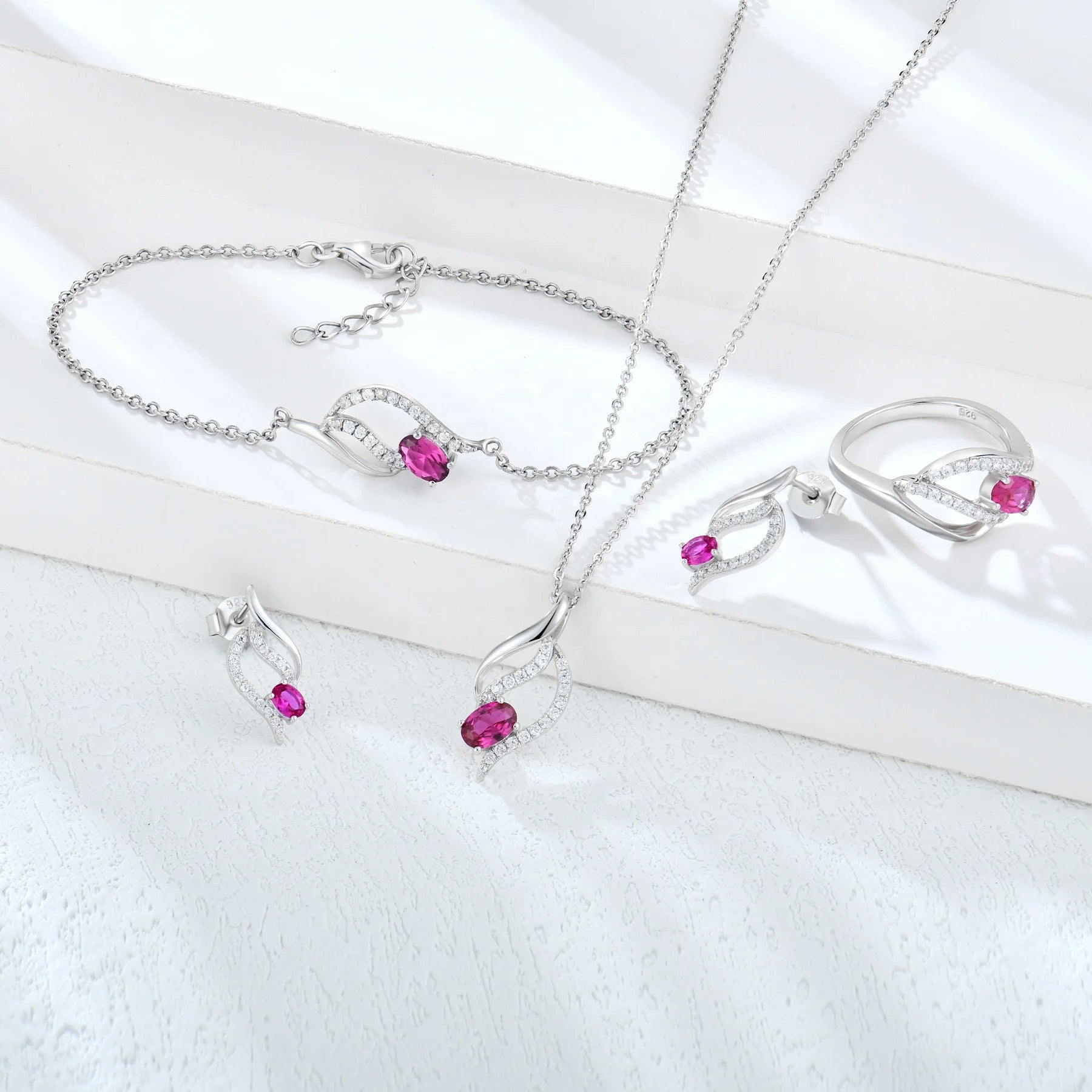 Fine Jewelry Set 925 Sterling Silver Ring Necklace and Earrings Zirconia Jewelry Set Trendy Zircon for Women Egg Shaped Red
