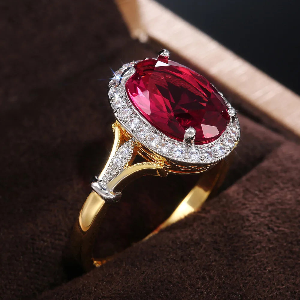 Huitan Royal Court Anillos Large Oval Ruby Zircon Rings Macro Pave Lady Girls Noble Women Luxury Gold Rings