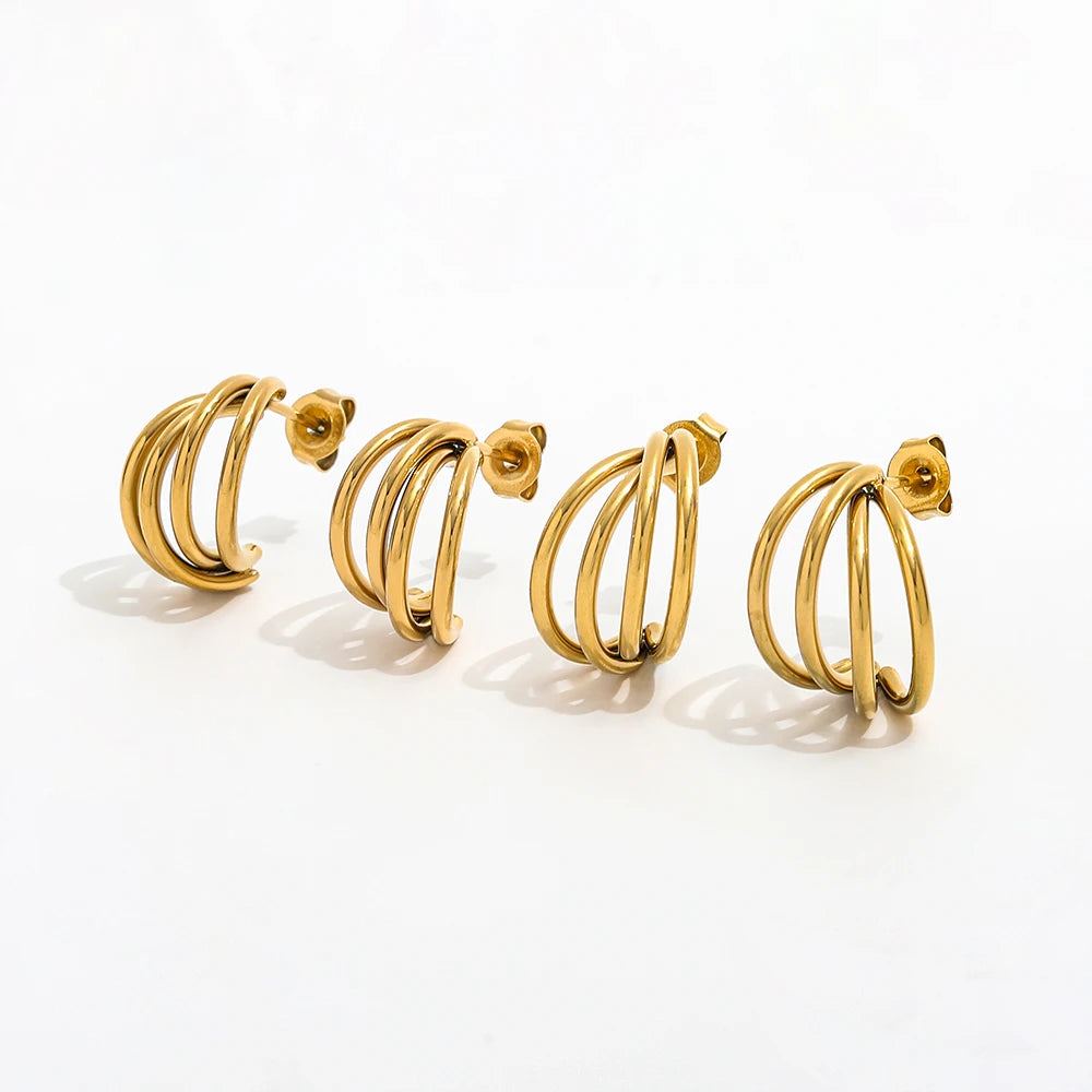 Joolim 18K Gold Plated Wholesale Waterproof&No Fade Fashion Creative Multilayer Line Arc Hoop Earring Stainless Steel Jewelry