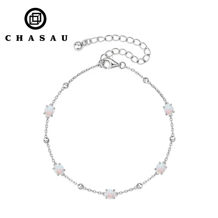 Adjustable Tiny Charm Chain White Gold Plated 925 Sterling Silver Beads Opal Bracelet for Women