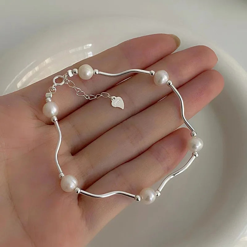 Personality Bracelets Natural Freshwater Pearl Beaded 925 Sterling Silver Charm Bracelets Fine Jewelry for Women