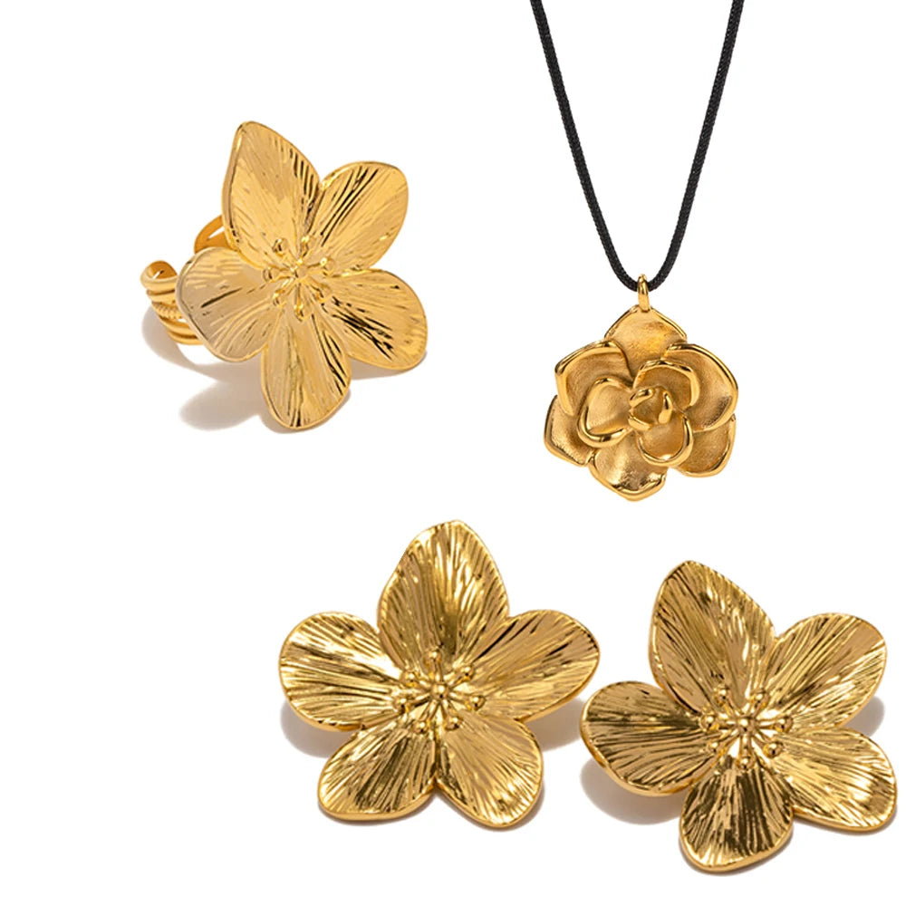 J&D Jewelry Texture Flower Statement Earrings 18k Gold Plated Stainless Steel Jewelry Lava Chunky Earring for Women