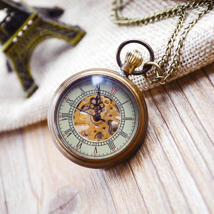 BOSHIYA Bronze Brass Vintage Mechanical Skeleton Pocket Watch Without Cover Roman Numeral Dial Crown 110g Gift