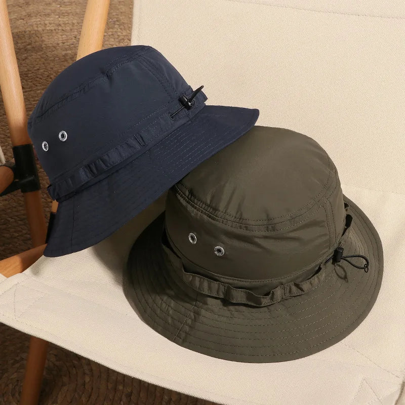 Custom Embroidery logo Mens Water Proof Resistant UV Protection Outdoor Nylon Wide Brim Boonie Fisherman Bucket Hat With String