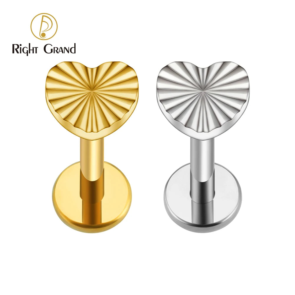Right Grand ASTM F136 Titanium 16G Heart Internally Threaded Labret Tragus Stud Monroe Cartilage Helix Lip Ring Flat Piercing