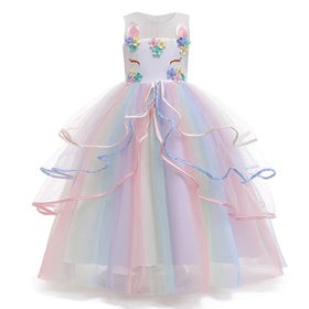 Pageant Princess Party Birthday Long Maxi Gown Flower Tulle Party Costume Girls Princess Unicorn Dress