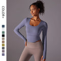 Hot Selling Women's Sports Yoga Crop Top Long-Sleeved Seamless Knitted Split Hollow Ribbed Lightweight Breathable Chest Pad for