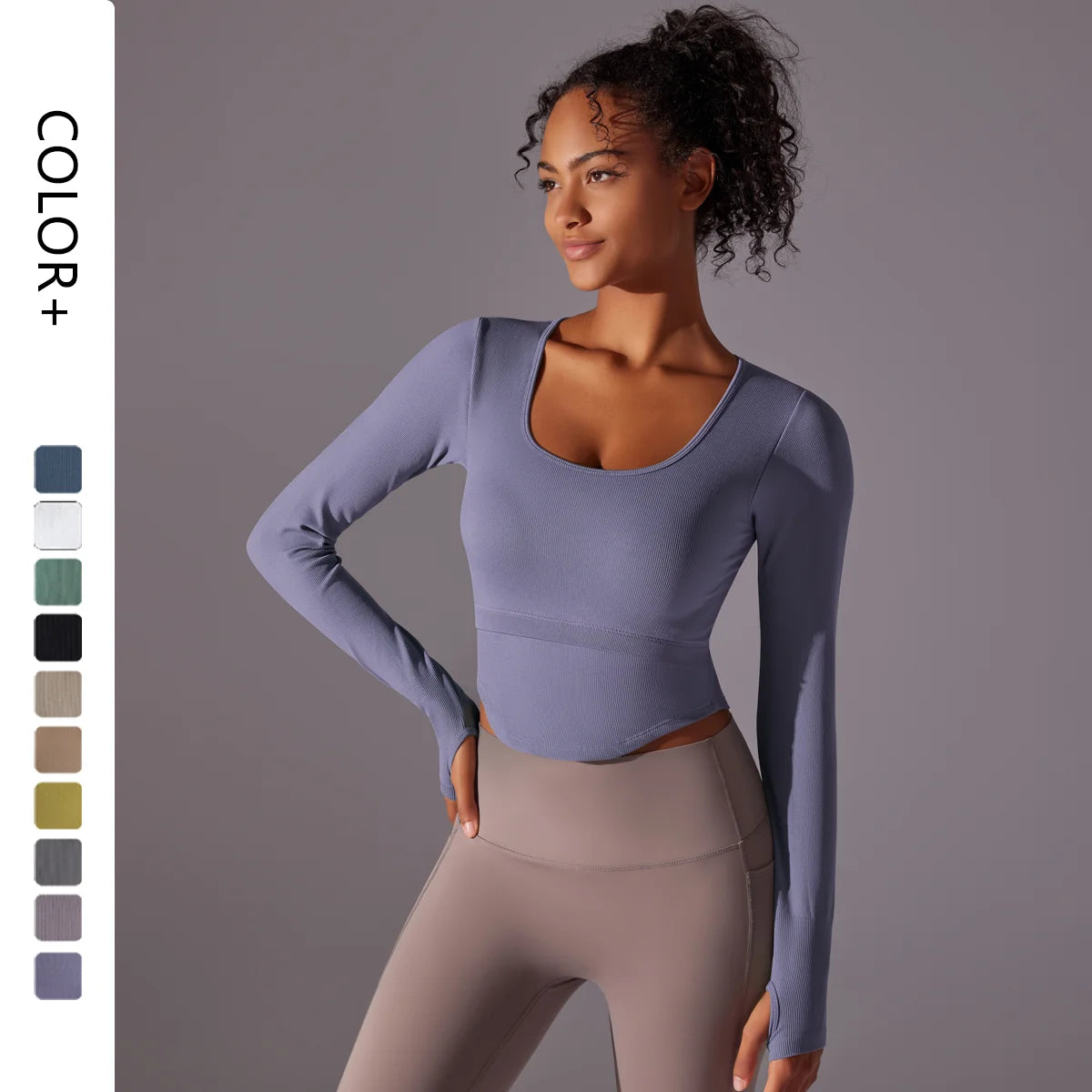 Hot Selling Women's Sports Yoga Crop Top Long-Sleeved Seamless Knitted Split Hollow Ribbed Lightweight Breathable Chest Pad for