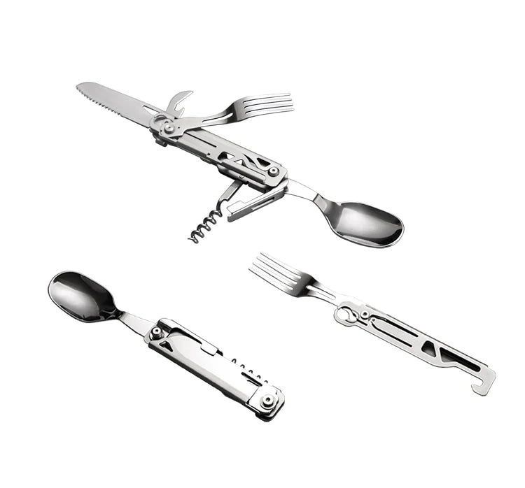 Grand Harvest GHK 6-in-1 Multi-functional Folding Compact Portable 420 Stainless Steel Spoon Fork Camping Cutlery Set OEM DIY