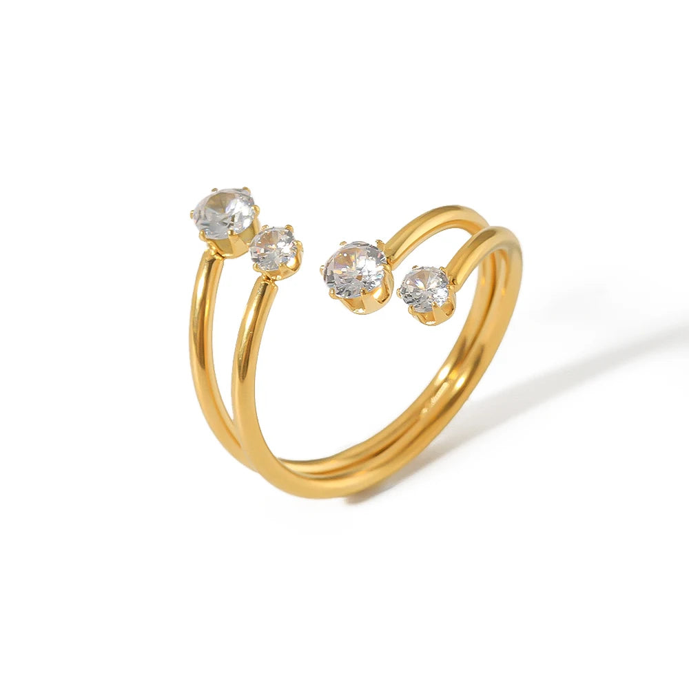 Luxury Ins Style Stainless Steel 18K Two Lines Spiral White Cubic Zircon Adjustable Open Ring for Women