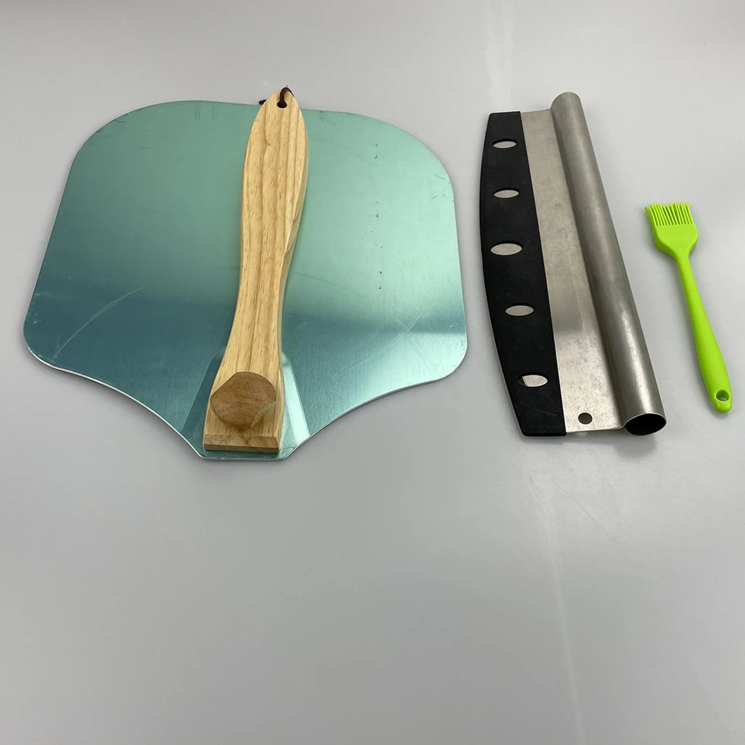 Aluminum Metal Pizza Peel Paddle With Foldable Wooden Handle and  Rocker Cutter  Cover Brush Set