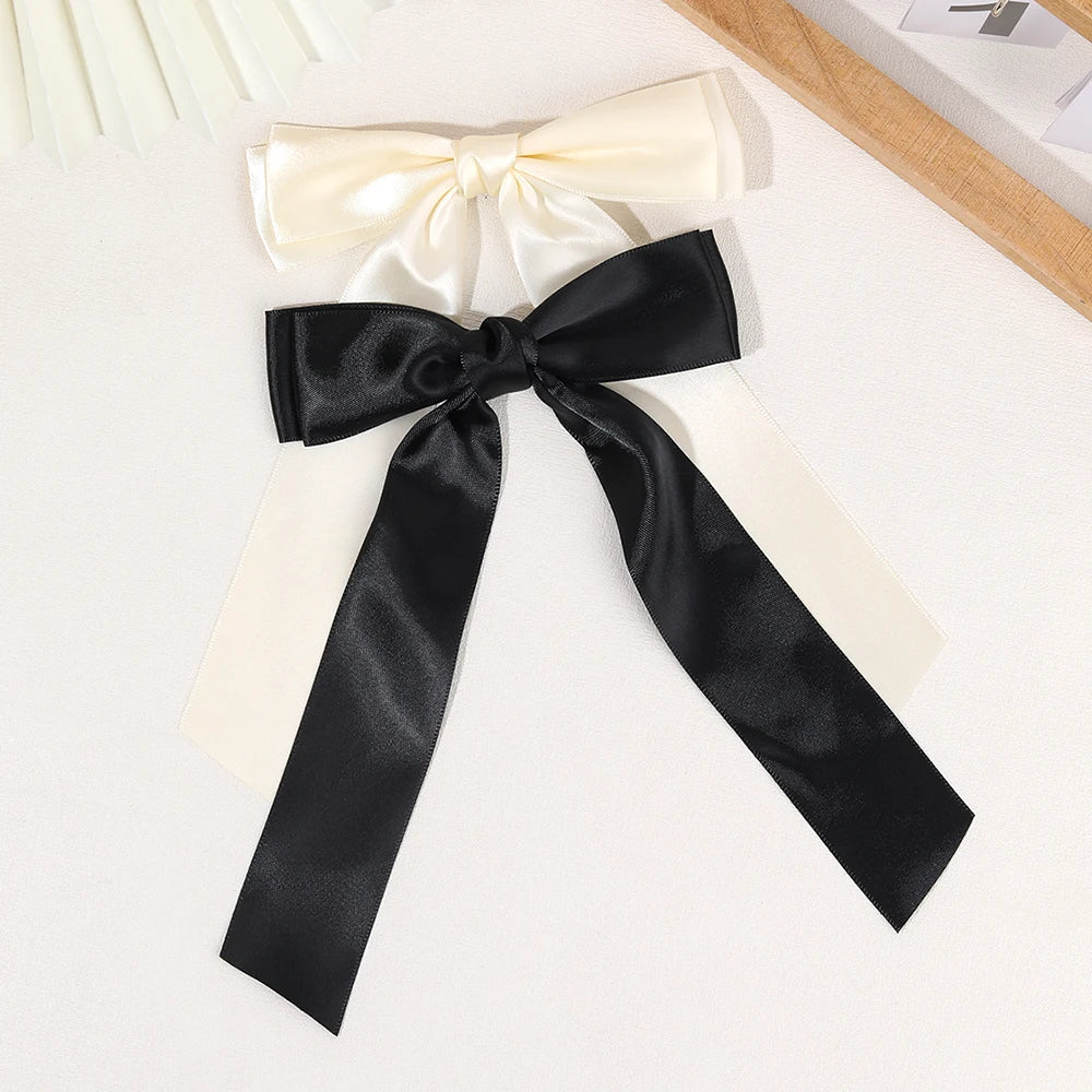 CN 2Pcs Sweet New Fashion Satin & Polyurethane Barrette Hair Bow Clips with Long Tails 5.12Inch Size Solid Color for Women Girls