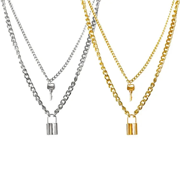 Gold Lock Key Choker Necklace Cross Pendant Statement Long Chain Punk Multi Layer Choker Necklace for Women and Men