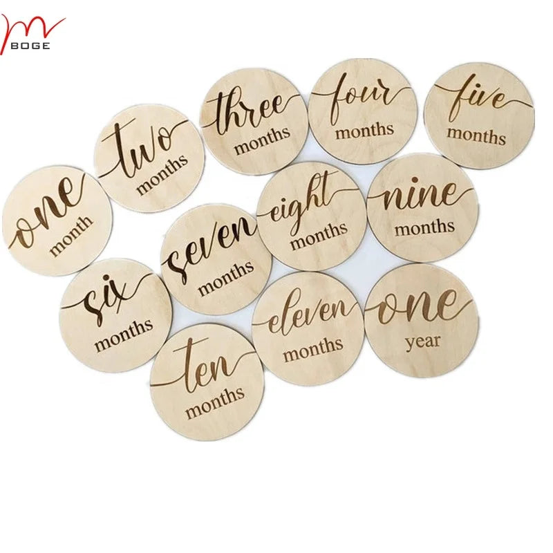 Set of 12 Discs Creative Classic Wood Newborn Handmade Birth Announcement Photo Keepsake Baby Milestone Discs