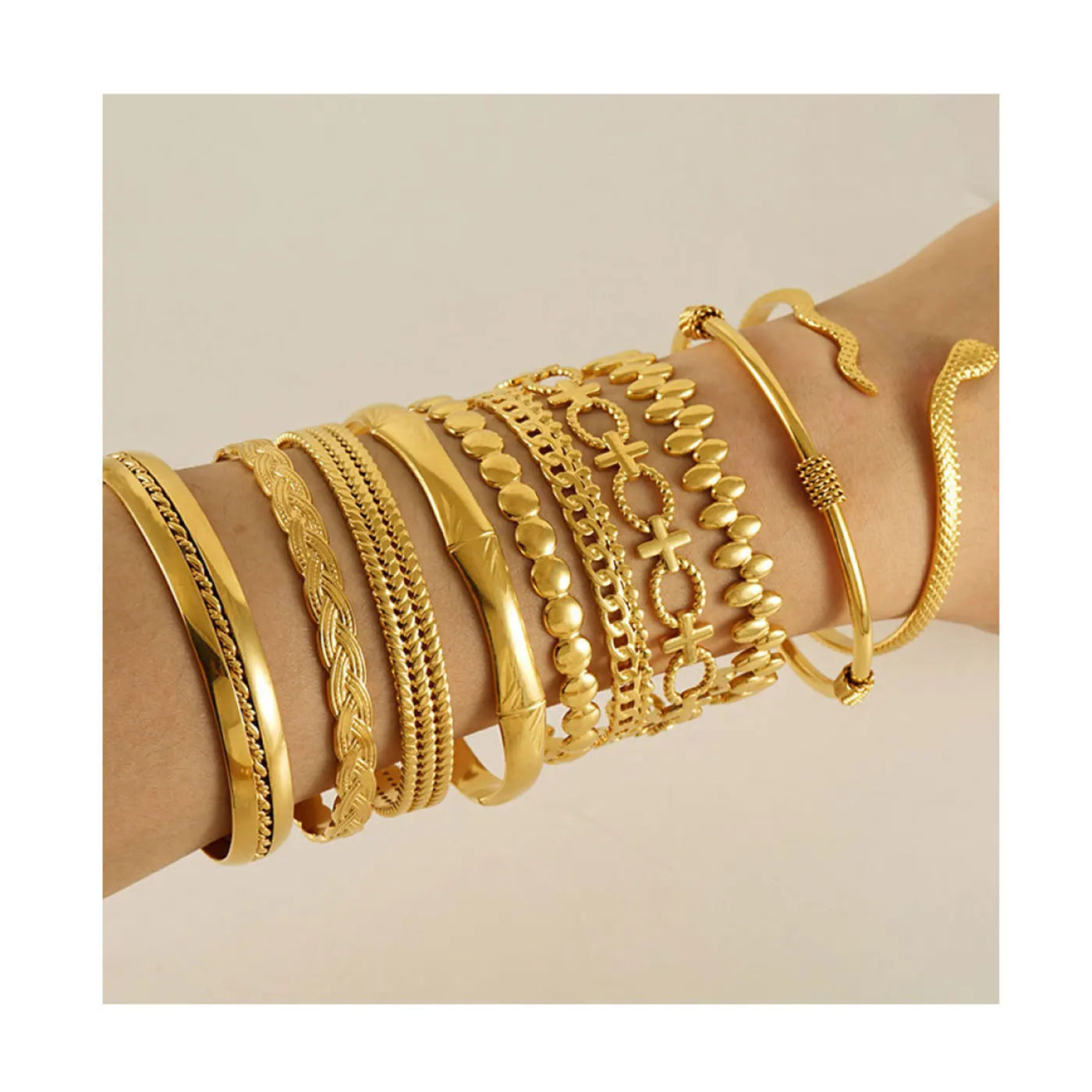 Vintage Style Adjustable Stainless Steel Cuff Bracelet Waterproof Jewelry 18k Gold Plated Bracelet Sets