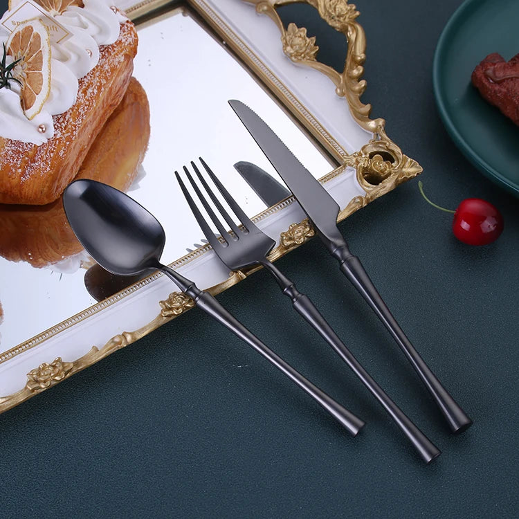 SLD Thick Stainless Steel 304 Slim Waist Premium Classic Stocked Matte Black Back to School Cutlery Set