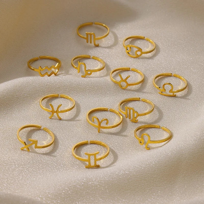 Fashion Minimalist 12 Astrology Zodiac Rings Couple Adjustable Stainless Steel Ring