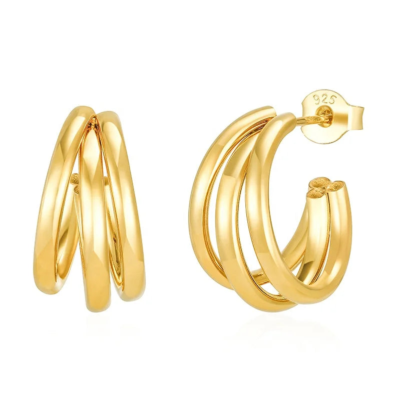 Gemnel Fashion Jewellery Sterling Silver 18k Gold Plated Chunky 3 Huggie Hoop Earrings