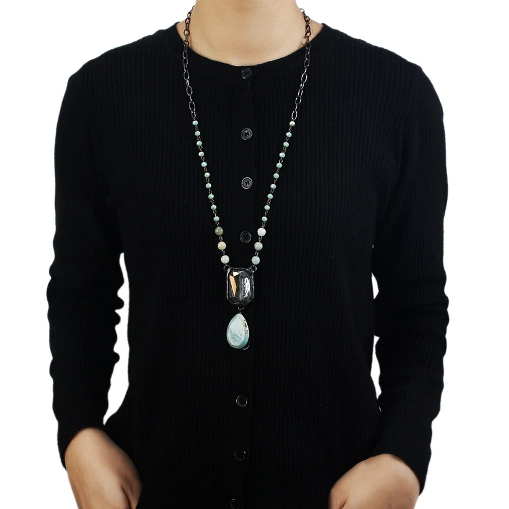 Fashion Ethnic Jewelry 8MM Natural Stone Crystal Glass Chain Necklace Square Glass Charm Stone Drop Charm Necklace