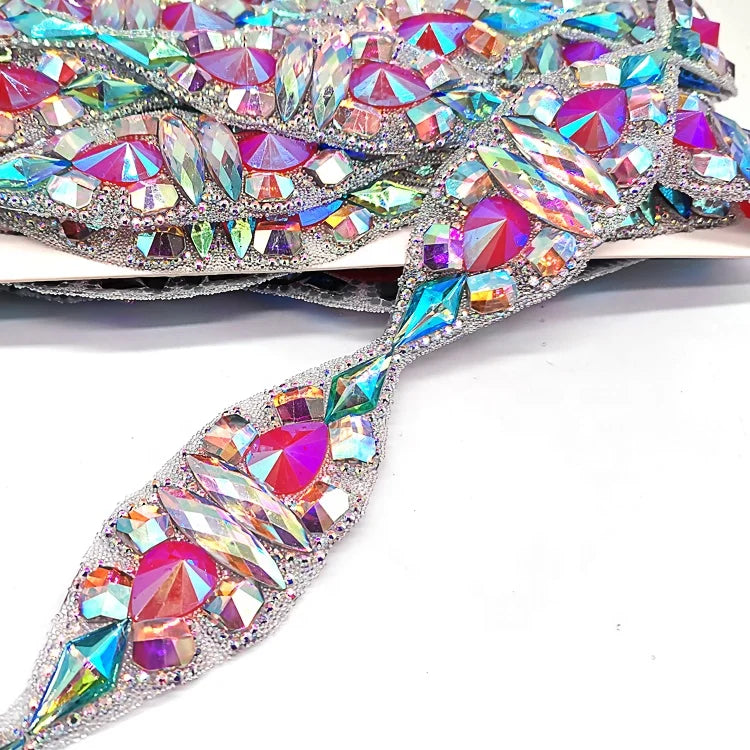 Hot Fix Decorative Rhinestone Trim Iron on Hot pink Teardrop Resin Rhinestone Strip Trimming for Carnival Costumes Decoration