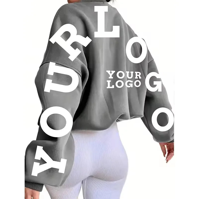 Fall Winter Clothes for Women Custom logo Cotton Sweatshirts Streetwear Female Pullover Crewneck French Terry Grey Sweatshirt