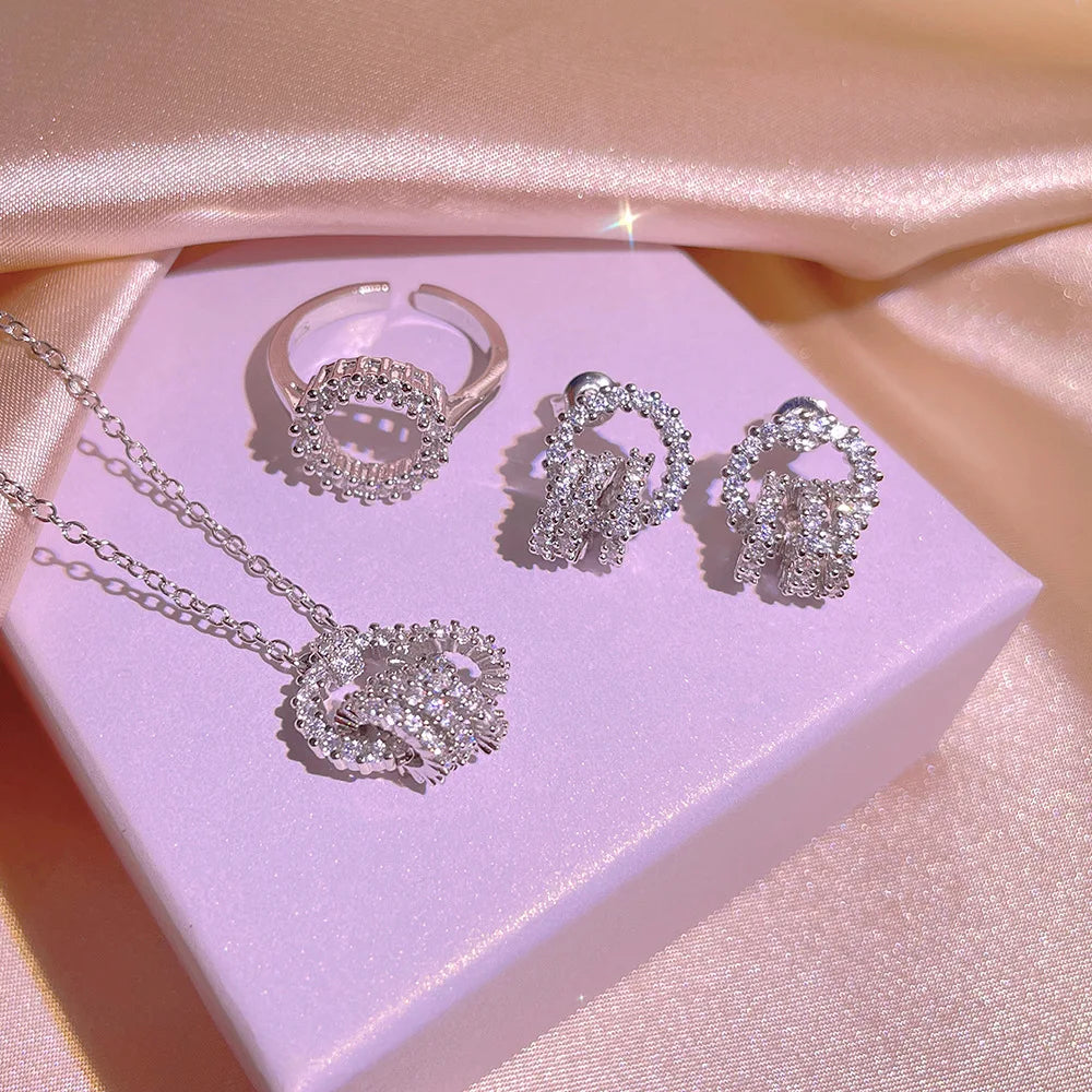 RisingMoon Hot Sales Fashion Jewelry Bling Bling Zircon Necklace Earrings Ring Sets for Women Girls Jewelry