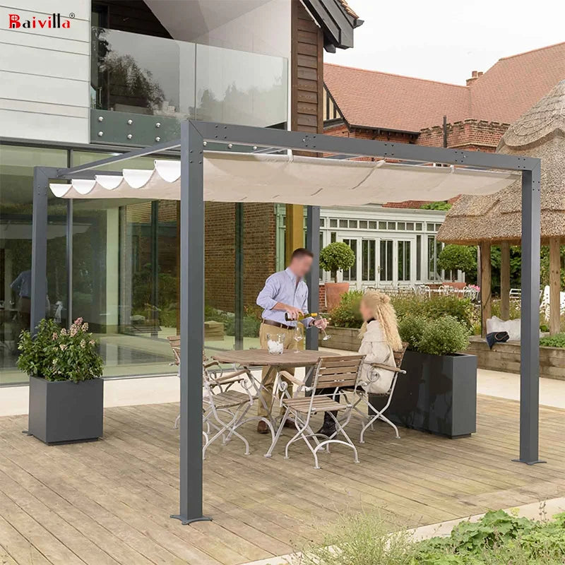 Motorized Waterproof Aluminium Garden Outdoor Electric Pergola Retractable Fabric Roof Powder Coated Frame for Balcony