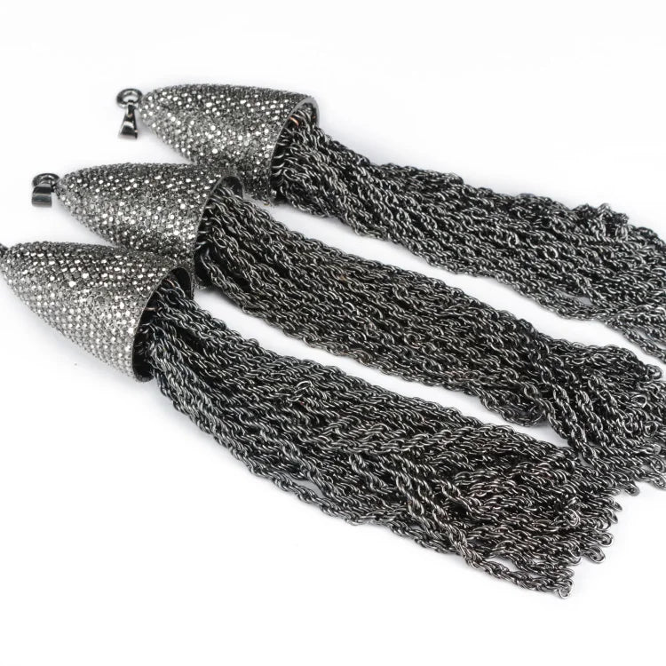 Large Hematite Crystal Pave Gunmetal Rope Chain Tassels Pendants Boho Hip Hop Style Necklace Making Supplies Made of Alloy