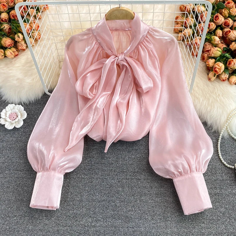Hot Sale 2026 Spring New Solid Color Wild Korean Style Sweet Bow Women Tops Long-sleeved Temperament Women' Blouses and Shirts