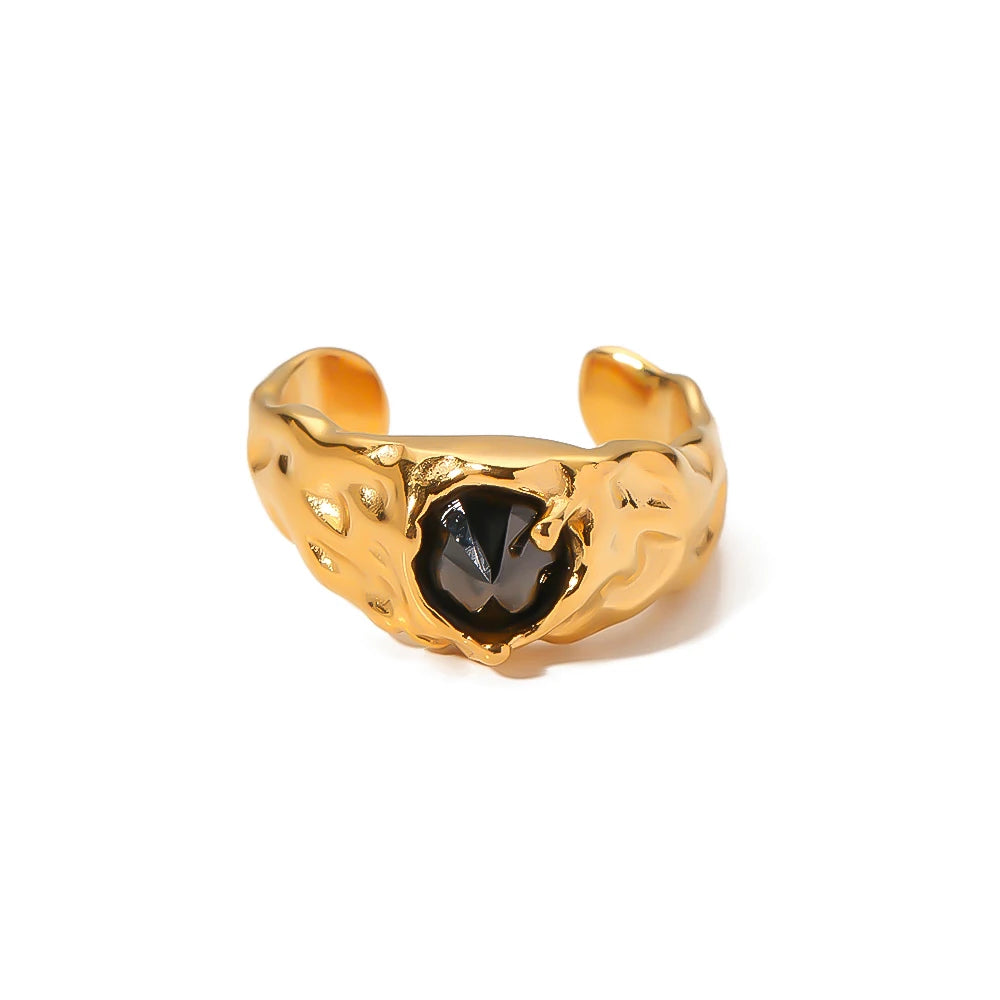 Textured Creative Stainless Steel Inlaid Black Agate Open Finger Ring Adjustable Titanium Steel Opening Rings