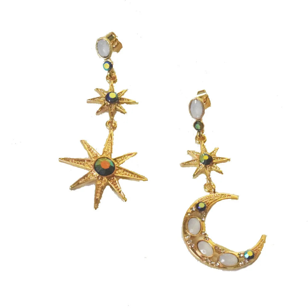 Fashion Chic Alloy Material Glass Crystal Gold Plate Moon and Star Drop Earring Jewelry for Women
