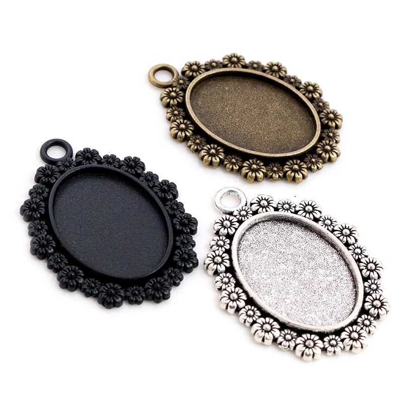 18x25mm Vintage Flower Pendant Blank Bezel Trays Oval Cameo Cabochon Blank Base Setting DIY Necklace Jewelry Findings