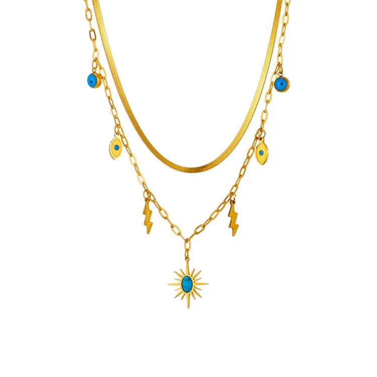 Hot Selling stainless Steel Fashion Retro Turquoise Multi Layered Bule Eye Lightning Bolt Pendant Necklace