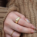 Chris April 316L Stainless Steel Stripe Band 18k Gold Plated Signet Rings Blank Men