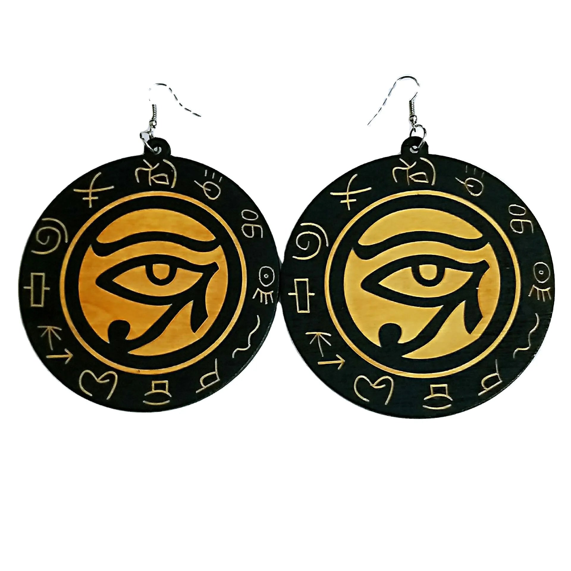 Round Disc Ancient Egyptian Horus Eye Wood Earrings for Women