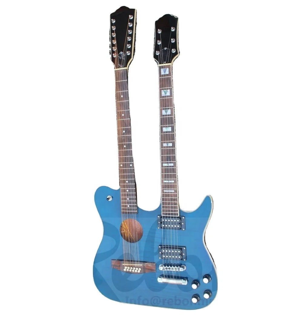 Weifang Rebon Double Neck Acoustic Electric Guitar in Blue Sunburst Colour