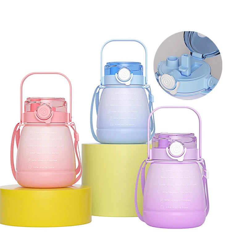 Motivational Water Bottle with Handle and Strap Large Capacity Plastic Water Bottle with Two Ways to Drink 3 in 1 Lids