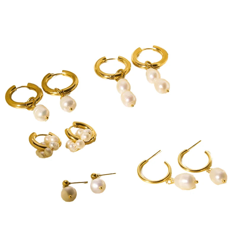 Trendy 18K Gold Plated Baroque Freshwater Pearl Drop Earrings Waterproof Stainless Steel Hoops Fashion Jewelry Gift