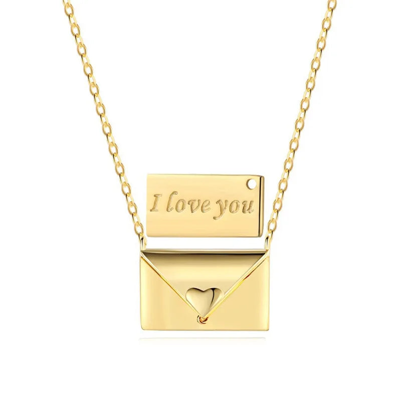 Trendy S925 Sterling Silver I Love You Envelope Pendant Necklace with Zircon Personalized Love Letter Jewelry for Women