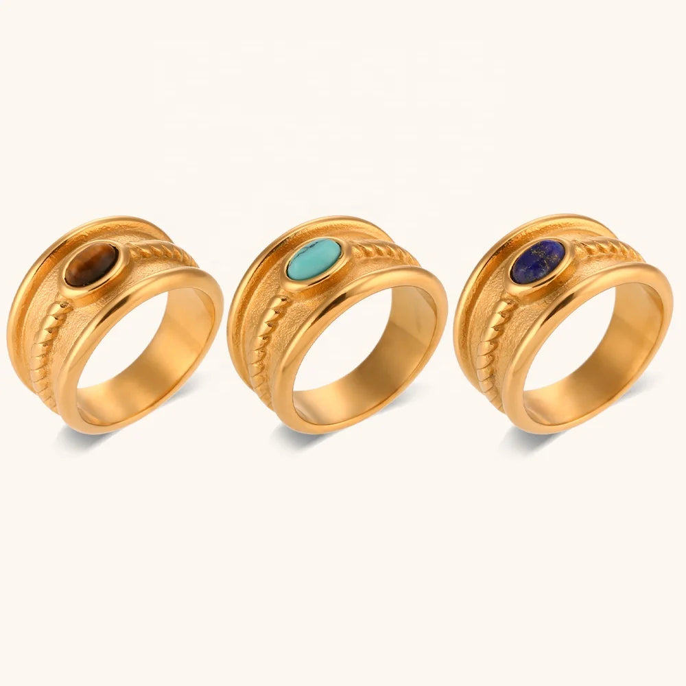 Ding Ran 2023 New Trendy Natural Stone Ring 18K Gold Plated Stainless Steel Signet Rings