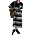 Autumn and Winter New Retro Wide Strip Warm Thick Sweater Long Sweater Dress Women's Large Size Loose Polo Collar Dress