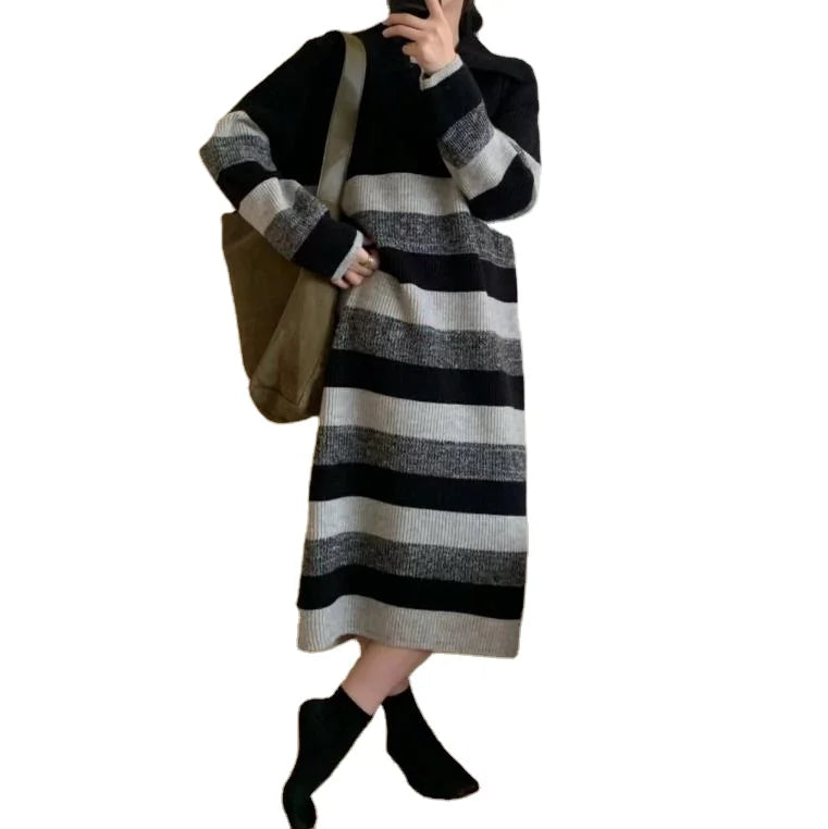Autumn and Winter New Retro Wide Strip Warm Thick Sweater Long Sweater Dress Women's Large Size Loose Polo Collar Dress